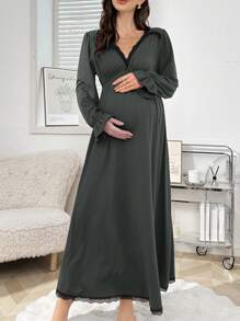 Moonlight&Mama Maternity Lace Patchwork Deep V-Neck Ruched Flare Sleeve Sleep Dress, Fall, Winter