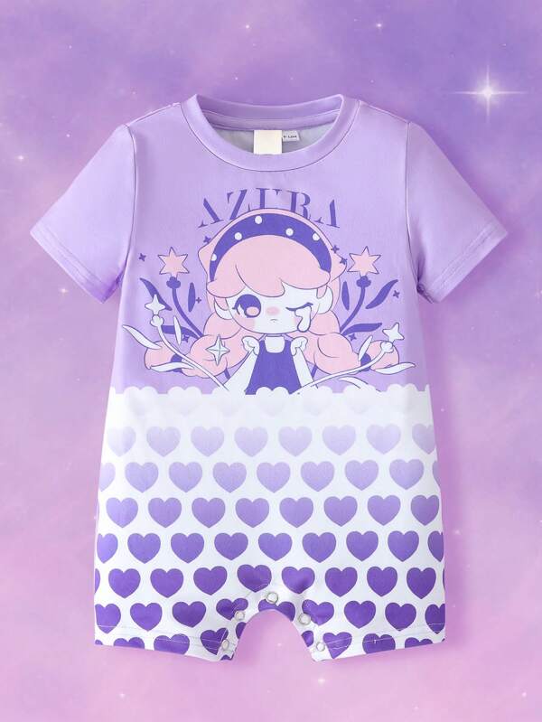 Pop Mart Azura X SHEIN Baby Girl Cute Sweet Heart Gradient Pattern Short Sleeve Romper In Light Purple