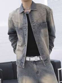 Claim Dot Plus Size Men Gradient Color Patch Pocket Front Button Long Sleeve Denim Jacket, Fall - Light Wash - View 3