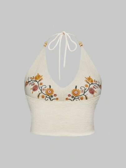 Fairycore Blusa holgada con cuello halter y bordado floral para mujer talla grande