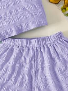 SHEIN Teenager Mädchen Lässig Set in Unifarbe mit ärmellosem texturiertem Stoff, geeignet für Alltag, Urlaub, Feiertage, Mittagessen, Musikfestival, Ausflüge, Frühling/Sommer - Mauve - Übersicht 3