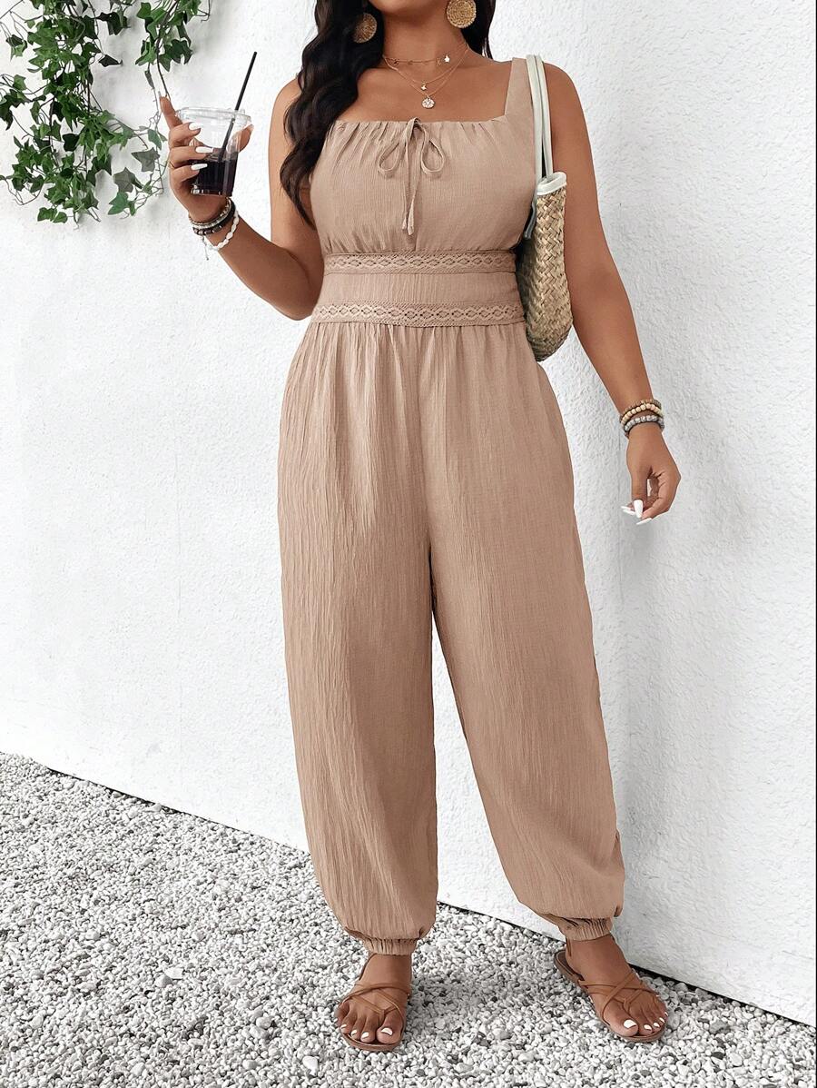 SHEIN Frenchy Plus Size Women's Minimalist Solid Color Square Collar Contrast Lace Waist Jumpsuit, Summer Vacation Style - Khaki - View 1