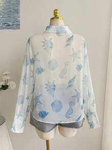 SHEIN EZwear Plus Size Summer Vacation Casual Beachside Shell Print Lightweight Long Cardigan - Blue and White - View 2