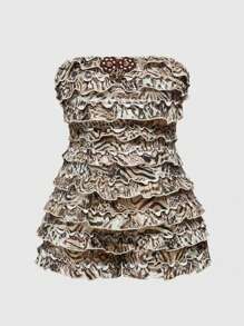 ROMWE Avant Plus Size Women's Y2K Retro Sexy Leopard Foil Print Decor Layered Ruffle Trim Halter Romper - Multicolor - View 1