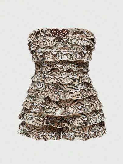 ROMWE Avant Plus Size Women's Y2K Retro Sexy Leopard Foil Print Decor Layered Ruffle Trim Halter Romper