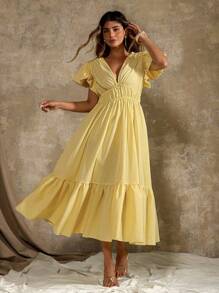 Roveilla Plus Size Deep Yellow V-Neck Romantic Ruffle Hem Flared A-Line Dress