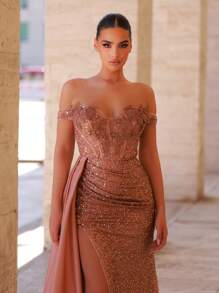 Glamrae 优雅奢华刺绣贴花蕾丝亮片拼布垂坠缎面美人鱼尾裙，带拖尾，适合婚礼、派对、蜜月、庆典、正式场合（重型） - 藕粉色 - 查看 2