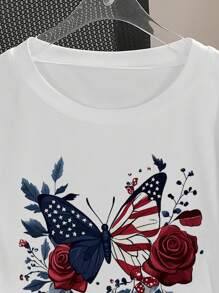 Plus Size Women 4th Of July American Flag & Floral Pattern White Round Neck T-Shirt - White - View 4