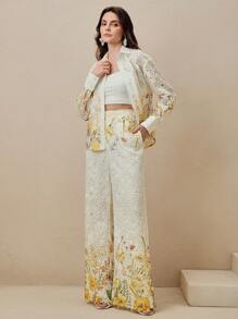 Anewsta Women Floral Print Lace Hollow Blouse And Long Pants Set, Elegant 2 Pieces Outfit