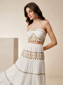 Anewsta 海滩度假风格吊带白色长裙，女士迷人两件套 - 白色 - 查看 5