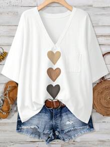 EMERY ROSE Versatile Gradient Heart Print Round Neck Pocket T-Shirt, Casual Minimalist Plus Size, Suitable For Summer Suitable For Going Out - White - View 2