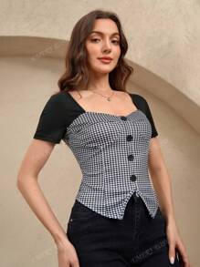 EMERY ROSE Front Button Elegant Casual Work Short Sleeve Bodycon Ladies T-Shirt