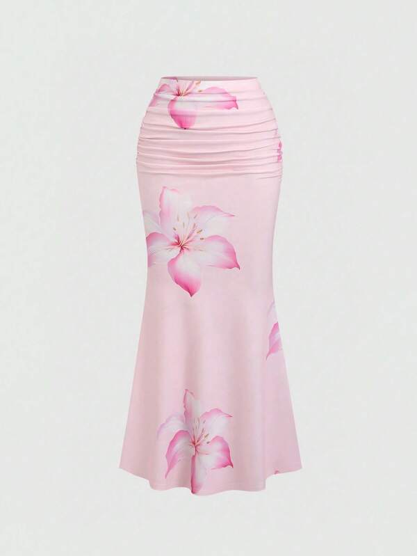Sweetra Women's All-Over Floral Print Pleated A-Line Skirt, Casual Vacation Maxi Women Outfit