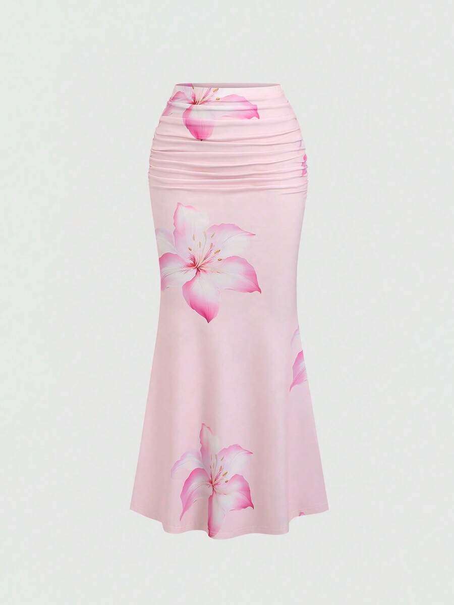 SHEIN Sweetro Women's All-Over Floral Print Ruched A-Line Skirt, Casual Vacation Maxi Skirt Fall Cloth For Women - Watermelon Pink - View 1