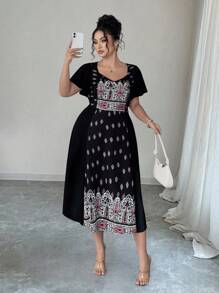 Elenzga Vestido de línea A con mangas con volantes y estampado floral retro para mujer talla grande - Negro - Ver 4