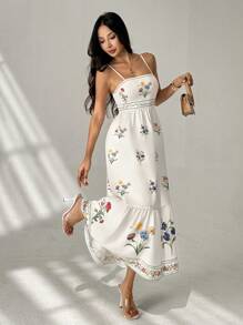 SHEIN PETITE 女士花卉印花波西米亚风格连衣裙，适合度假、浪漫、女士夏季服装、女士度假服装、生日服装、女士沙滩服装、女士西部服装、女士花卉连衣裙 - 杏色 - 查看 1