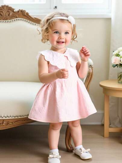 SHEIN Baby Girls Peter Pan Collar Sweet Princess Lace Trim Pink Sleeveless Dress, Summer Pink Baby Girl Dress With Collar Collared Baby Girl Dress Summer Baby Girl Dress