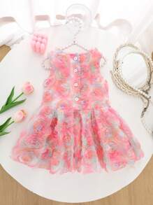 Baby Girl Spring&Summer Elegant Style Flower A-Shape Princess Pleated Dress - Pink - View 2