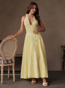 SHEIN Unity Spring, Summer Elegant Chic Backless Women V-Neck Pink Bow Decor A-Line Dress - Butter Yellow - View 3