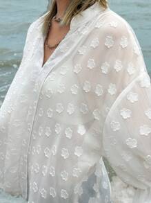 Jouncy 女式纯色荷叶边镂空领口透视休闲百搭衬衫 - 白色 - 查看 6