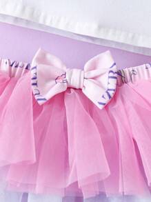 Pop Mart Azura X SHEIN Baby Girl Cartoon Graphic Dreamy White Cute Casual Short Sleeve T-Shirt With Colorblock Tulle Skirt, Princess Style