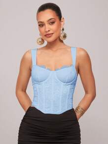 Silquee 女式百搭紧身拼接蕾丝背心，弧形下摆花卉蕾丝束身衣上衣，适合春假、海滩度假、夜间外出、女生聚会、海滩派对、泳池派对、节日、休闲派对、小屋度假、日常穿着 - 淺藍色 - 查看 5