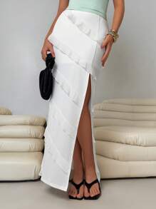 Roylia Falda de moda con dobladillo con volantes multicapa y abertura lateral de unicolor para mujer - Blanco - Ver 4