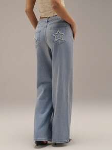 Forever 21 Damskie letnie, luźne, luźne, swobodne, haftowane gwiazdy, jeansy z niskim stanem i lekkim spranym denim