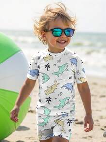 Sharks, Holiday, Vacation, Coconuts, Baby Boy Graphic Casual Slim Fit Round Neck Short Sleeve & Shorts Swimwear Set, Suitable For Summer - Multicolor - View 1