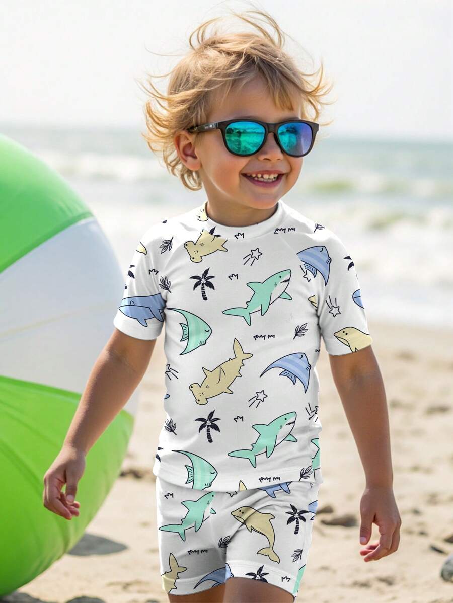 Sharks, Holiday, Vacation, Coconuts, Baby Boy Graphic Casual Slim Fit Round Neck Short Sleeve & Shorts Swimwear Set, Suitable For Summer - Multicolor - View 1