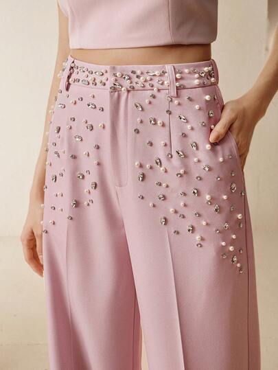 Anewsta 女士现代通勤水钻装饰珍珠正装裤