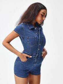 SHEIN EZwear Mono corto vaquero de mujer de unicolor con botones frontales y bolsillos, para el verano - Azul lavado oscuro - Ver 5