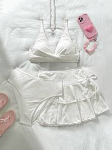 Swim Mod Women's Summer Beach 3pcs Set: Cute Solid Color Knitted Jacquard Fabric Top With Criss-Cross Bust & Double Layer Cake-Style Mini Skirt With Bow Side, Swimsuit