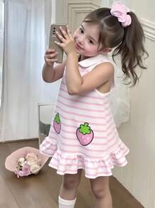 女婴可爱彼得潘领条纹草莓印花连衣裙，夏季 - 粉色 - 查看 1