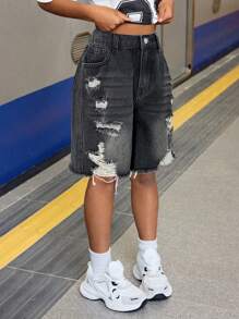 SHEIN Tween Girl Y2K 高腰宽松破洞柔软牛仔百慕大短裤，带毛边下摆，夏季骑行短裤，波西米亚风海滩音乐会狂欢节，女孩可爱夏季短裤毕业 - 灰色 - 查看 5
