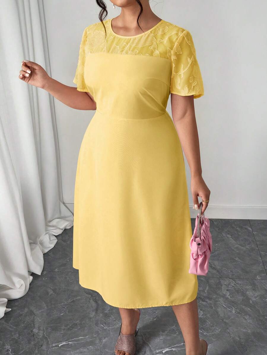 Elenzga Romantic Round Neck Ruched Elastic Waist Dress, Suitable For Spring/Summer - Pink - View 1