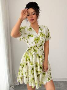 Rafferiza Printing V-Neck Ruffle Sleeve Spring Women Dress - Green - View 4