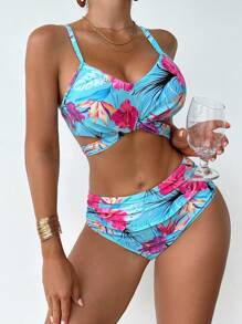 Swim Lushoire Ensemble de bikini sexy à motif floral et ajouré pour femmes, plage d'été - Multicolore - Voir 6