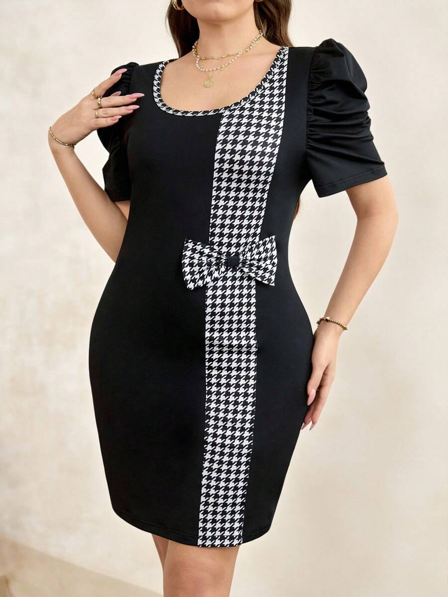 SHEIN Clasi Robe ajustée à manches bouffantes à col rond en patchwork à chevrons oversize