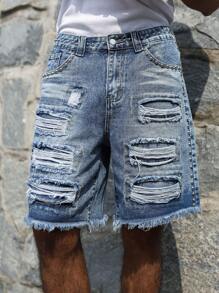 Manfinity EMRG Men's Ripped Denim Shorts Blue Jean Shorts With Frayed Hem And Studded Sides Avant-Garde Hip-Hop Streetwear Style - Blue - View 7