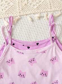 SHEIN Leap Crew 4 件套女童卡通猫咪和心形印花荷叶边吊带上衣和短裤舒适休闲睡衣套装 - 淡紫色 - 查看 4
