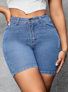 SHEIN SXY 大码弹力牛仔短裤，休闲紧身，适合春夏季 - 淺色水洗藍 - 查看 5