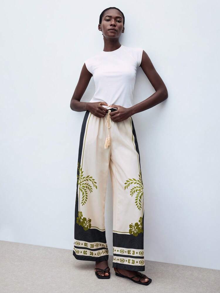 SHEIN Maija Women's Plant Print Tie-Waist Contrast Color,  Boho Pants ,Fall Women Clothes