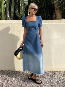 DAZY Vestido de mezclilla con cuello cuadrado, mangas abullonadas y drapeado en estilo ombre para mujeres, ideal para el verano y el regreso a clases - Azul lavado medio - Ver 5