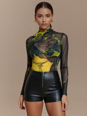 JIAN LASALA Sexy florales durchsichtiges Netzoberteil, Designer-Langarmoberteil mit Stehkragen, schlanke Passform, gelber Sommer Blumenprint, Layering-Top für Strandurlaub, europäischer Sommer Ausgehoutfit, Hawaii-Outfit für Frauen, Ankara Oberteile, Resortbekleidung, Herbstkleidung
