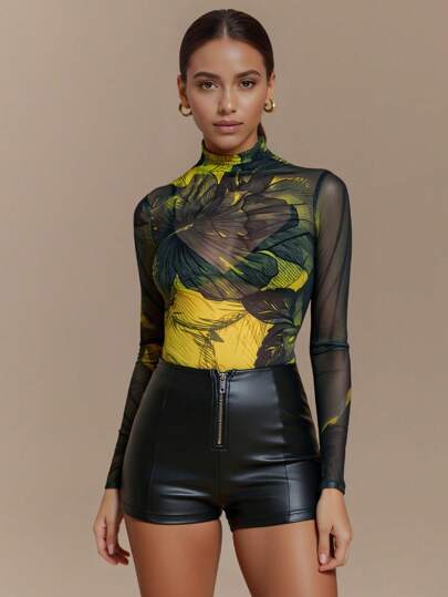 JIAN LASALA Top transparente con estampado floral sexy, de manga larga, cuello alto, ajuste ceñido, estampado floral amarillo para verano, atuendo de playa, vacaciones, salidas europeas de verano, Hawái, tops de Ankara, ropa de resort, ropa de otoño vintage, ropa elegante para salir de noche, ropa de mujer para otoño, blusas de fiesta, ropa negra de invierno, colección de ropa de lujo y elegante