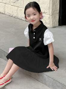 DAZY 年轻女孩拼布休闲泡泡袖蝴蝶结刺绣中长连衣裙，女孩夏季服装 - 黑色 - 查看 8