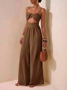 Zivah 2025新款春夏休闲度假扭纹吊带镂空后背纹理面料女长款阔腿裤卡其色婚礼季音乐节派对街头沙滩海边度假波西米亚风-A - 棕色 - 查看 6