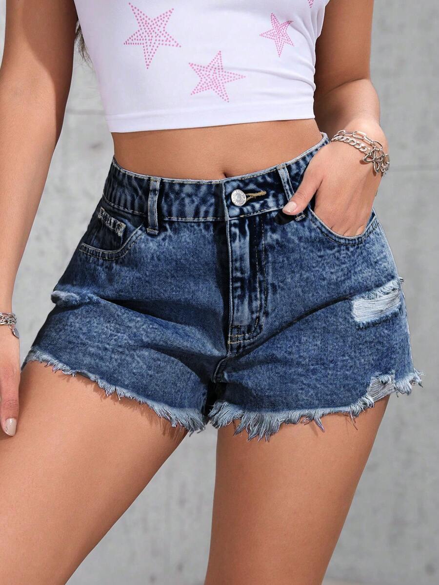 SHEIN PETITE Women's Solid Color Pocket Ripped Hem Summer Denim Shorts - Dark Wash - View 1