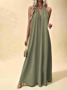 Vesra Women Beach Summer Simple Solid Keyhole Neckline Backless Halter Dress Maxi Vacation Beach Outfit